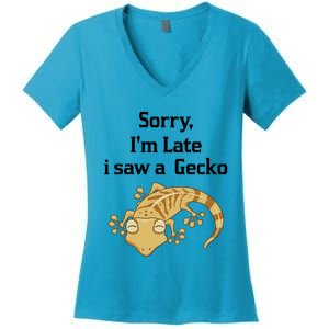 Sorry I'am Late A Saw A Gecko Funny Crested Gecko Gift Women's V-Neck T-Shirt