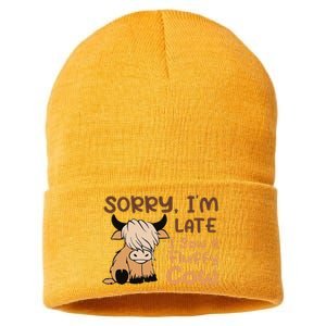 Sorry IM Late I Saw A Fluffy Cow Highland Cow Breeder Sustainable Knit Beanie