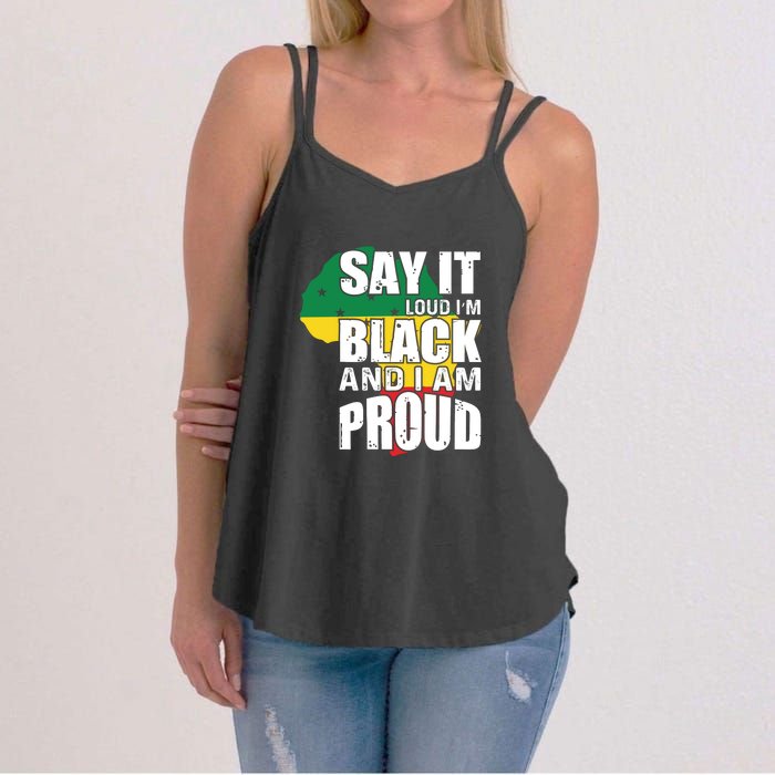 Say It Loud I'm Black And I'm Proud Pride History Flag Map Women's Strappy Tank