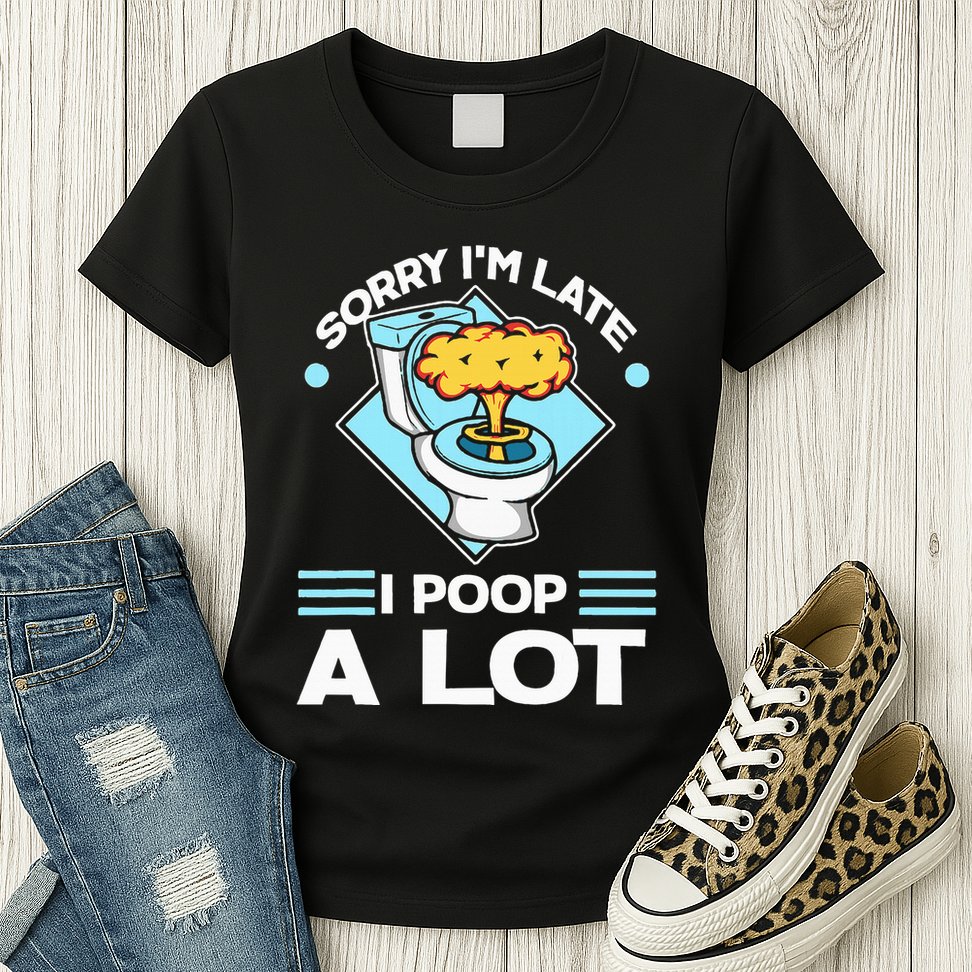 Sorry IM Late I Poop A Lot Funny Pooping Joke Funny Sayings Womens T-Shirt