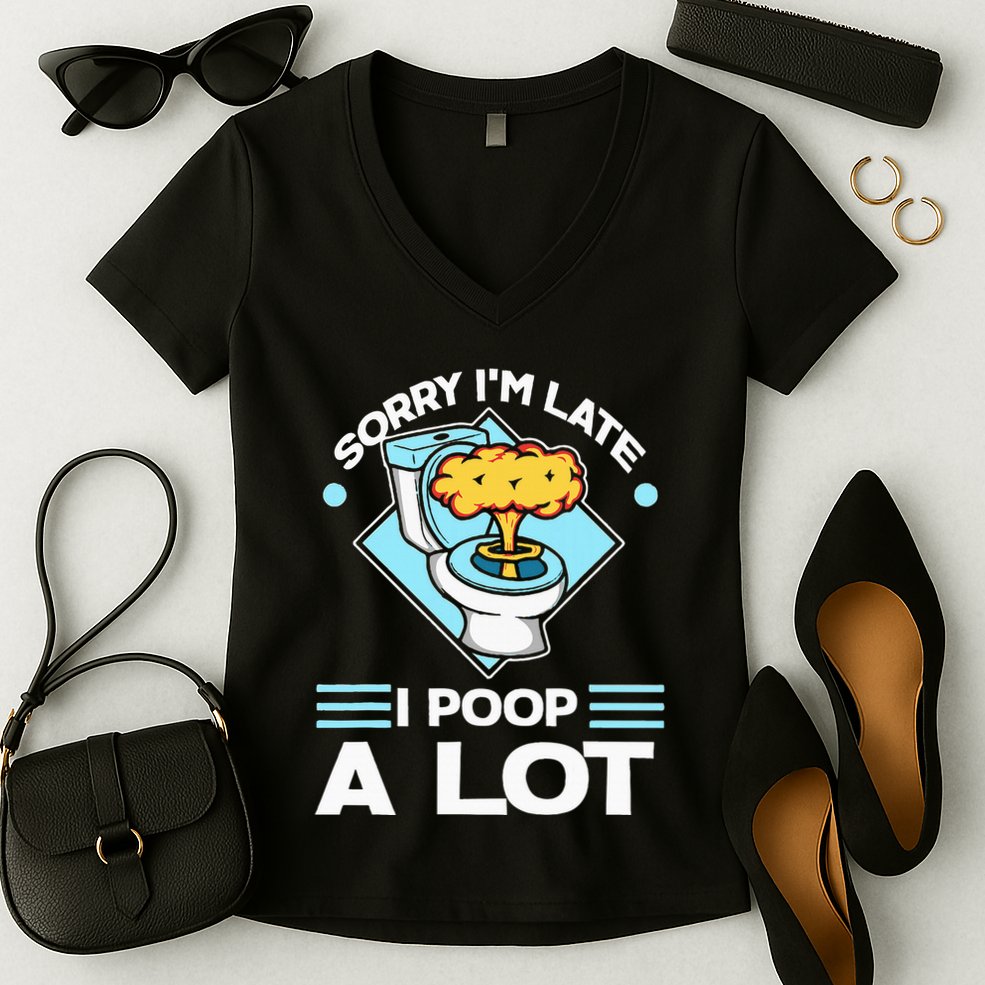 Sorry IM Late I Poop A Lot Funny Pooping Joke Funny Sayings Women's V-Neck T-Shirt