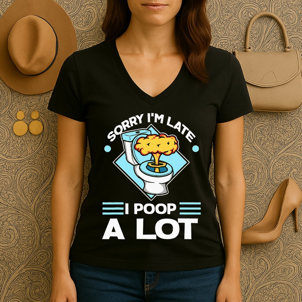 Sorry IM Late I Poop A Lot Funny Pooping Joke Funny Sayings Women's V-Neck T-Shirt