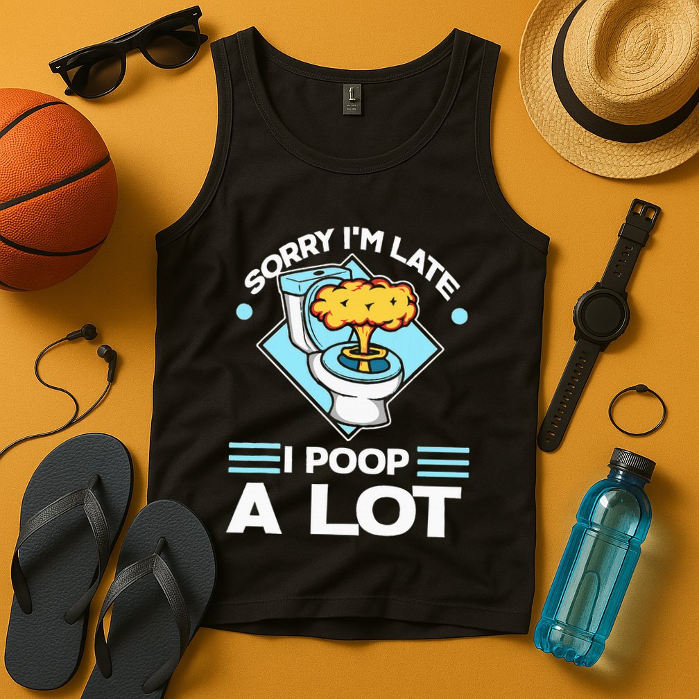 Sorry IM Late I Poop A Lot Funny Pooping Joke Funny Sayings Tank Top
