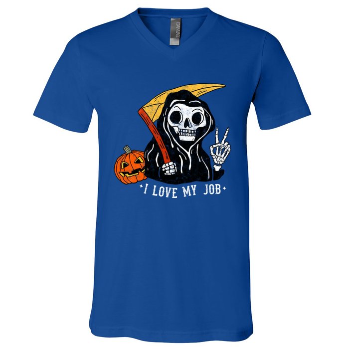 Sarcastic I Love My Job Grim Reaper Death Halloween Costume Gift V-Neck T-Shirt