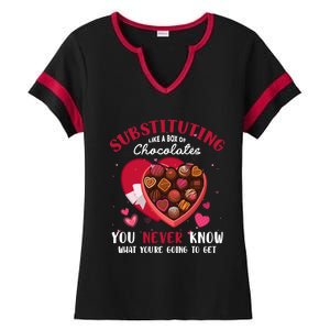 Substituting Is Like A Box Of Chocolates Substitute Teacher Gift Ladies Halftime Notch Neck Tee