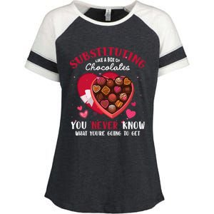 Substituting Is Like A Box Of Chocolates Substitute Teacher Gift Enza Ladies Jersey Colorblock Tee