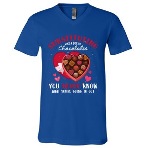 Substituting Is Like A Box Of Chocolates Substitute Teacher Gift V-Neck T-Shirt