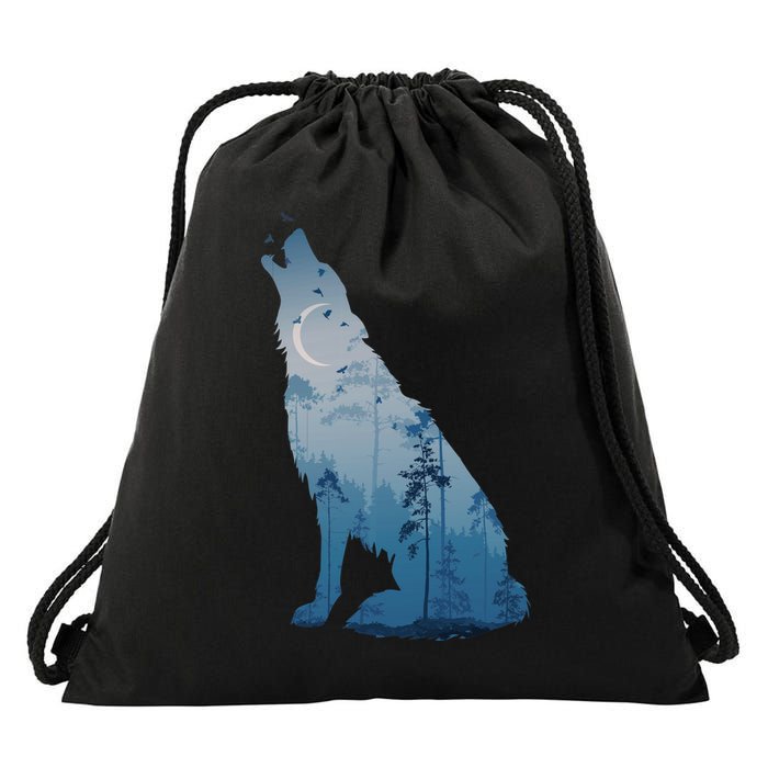 Silhouette Of The Howling Wolf Drawstring Bag