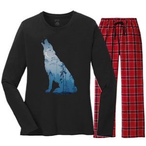 Silhouette Of The Howling Wolf Women's Long Sleeve Flannel Pajama Set 