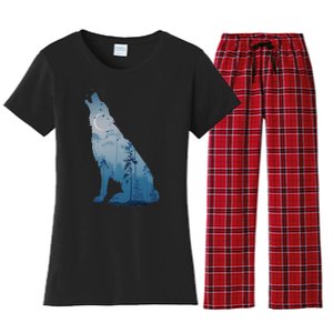 Silhouette Of The Howling Wolf Women's Flannel Pajama Set