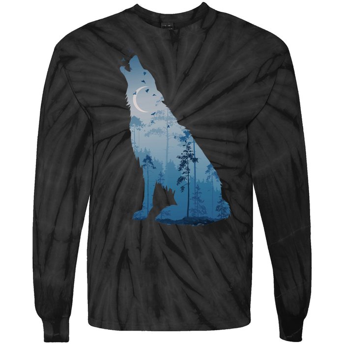 Silhouette Of The Howling Wolf Tie-Dye Long Sleeve Shirt