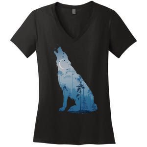 Silhouette Of The Howling Wolf Women's V-Neck T-Shirt