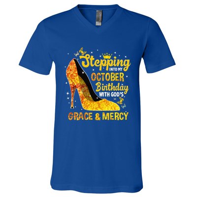 Stepping Into My October Birthday With Gods Grace and Mercy V-Neck T-Shirt