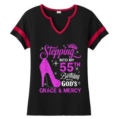 Stepping Into My 55th Birthday With God's Grace And Mercy Ladies Halftime Notch Neck Tee