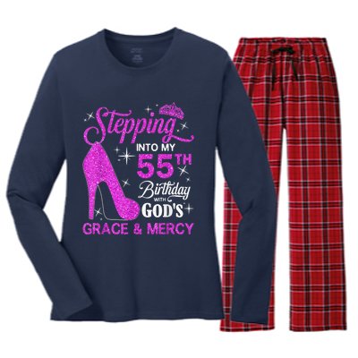 Stepping Into My 55th Birthday With God's Grace And Mercy Women's Long Sleeve Flannel Pajama Set 