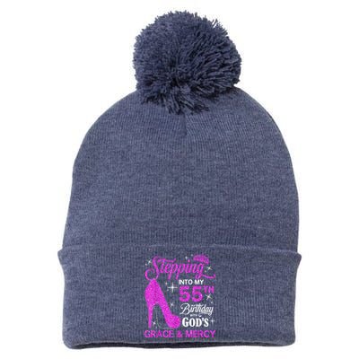 Stepping Into My 55th Birthday With God's Grace And Mercy Pom Pom 12in Knit Beanie