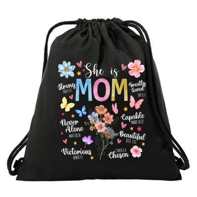 She Is Mom Bible Verses Christian Boho Floral Drawstring Bag