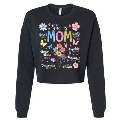 She Is Mom Bible Verses Christian Boho Floral Cropped Pullover Crew