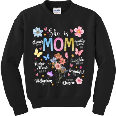 She Is Mom Bible Verses Christian Boho Floral Kids Sweatshirt