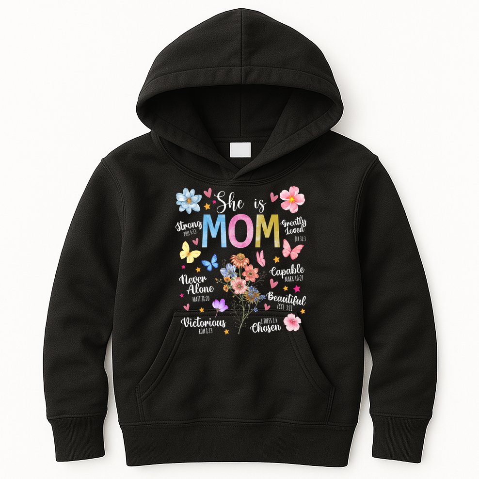 She Is Mom Bible Verses Christian Boho Floral Kids Hoodie