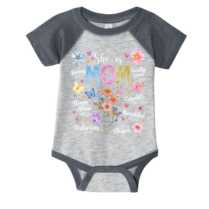 She Is Mom Bible Verses Christian Boho Floral Infant Baby Jersey Bodysuit