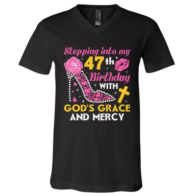 Stepping Into My 47th Birthday With God's Graces Mercy V-Neck T-Shirt