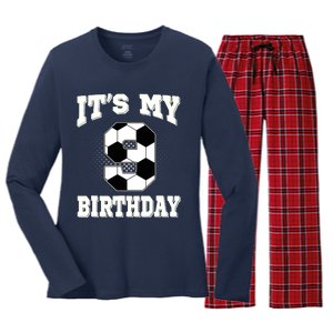 Soccer ItS My 9th Birthday 9 Years Old Boy Girl Women's Long Sleeve Flannel Pajama Set 