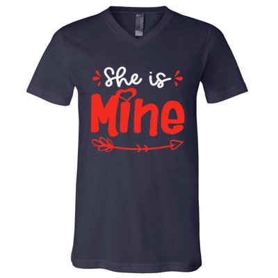 She Is Mine He Is Mine Set Matching Couples Valentine's Day V-Neck T-Shirt