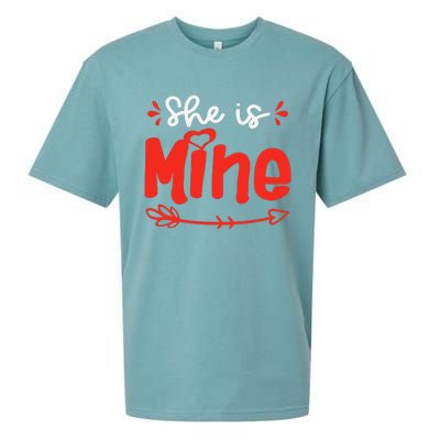 She Is Mine He Is Mine Set Matching Couples Valentine's Day Sueded Cloud Jersey T-Shirt