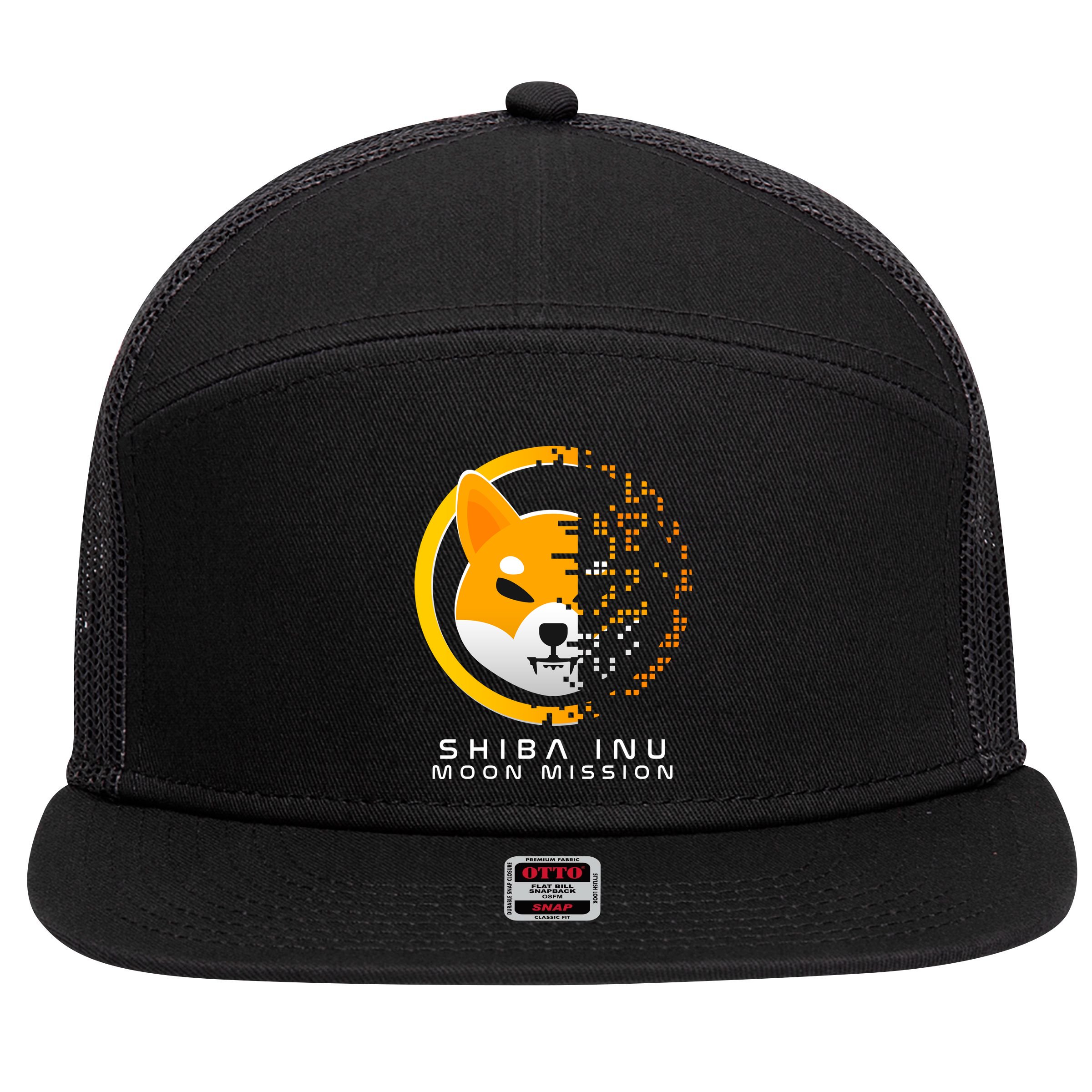 Shiba Inu Moon Mission DOGE Coin Cryptocurrency 7 Panel Mesh Trucker Snapback Hat