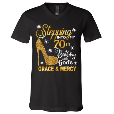 Stepping into my 70th birthday with God's grace & Mercy V-Neck T-Shirt