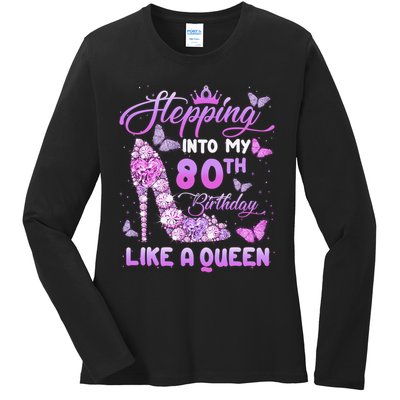 Stepping Into My 80th Birthday Diamond Crown Ladies Long Sleeve Shirt