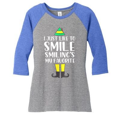 Smiling Is My Favorite Christmas Elf Buddy Women's Tri-Blend 3/4-Sleeve Raglan Shirt