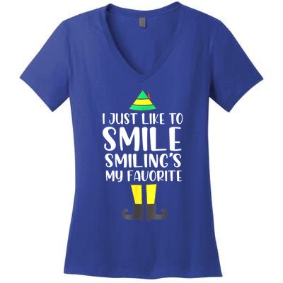 Smiling Is My Favorite Christmas Elf Buddy Women's V-Neck T-Shirt