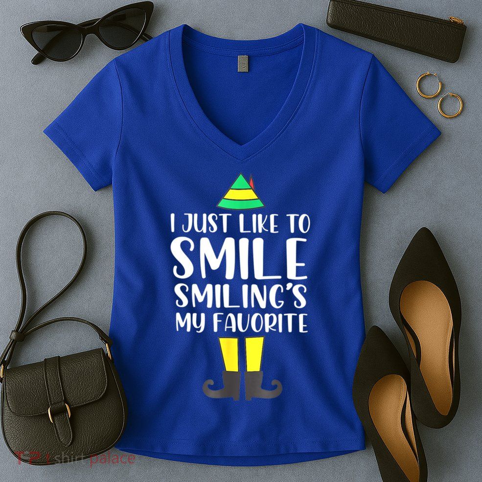 Smiling Is My Favorite Christmas Elf Buddy Women's V-Neck T-Shirt