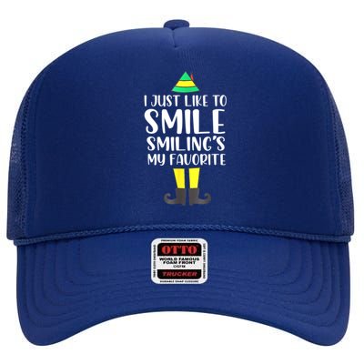 Smiling Is My Favorite Christmas Elf Buddy High Crown Mesh Back Trucker Hat