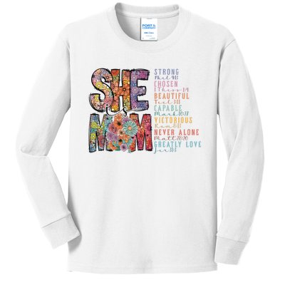 She Is Mom She Is Strong Bible Verse Mom Kids Long Sleeve Shirt