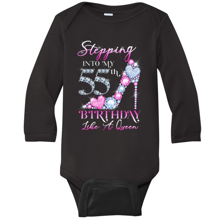 Stepping Into My 55th  Birthday Like A Queen Baby Long Sleeve Bodysuit