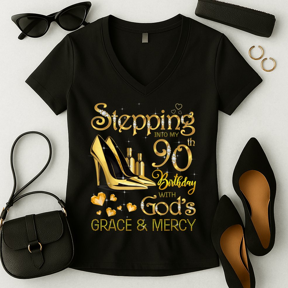 Stepping into my 90th birthday with God's grace & Mercy Women's V-Neck T-Shirt