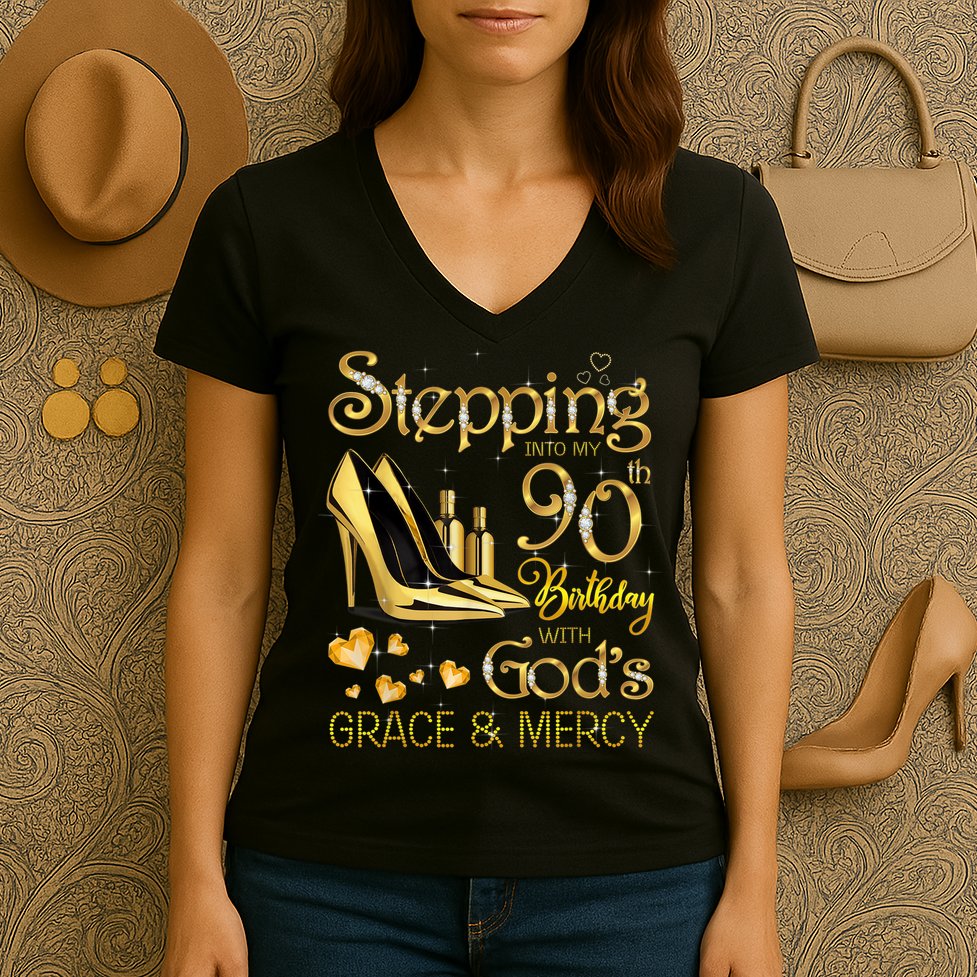 Stepping into my 90th birthday with God's grace & Mercy Women's V-Neck T-Shirt