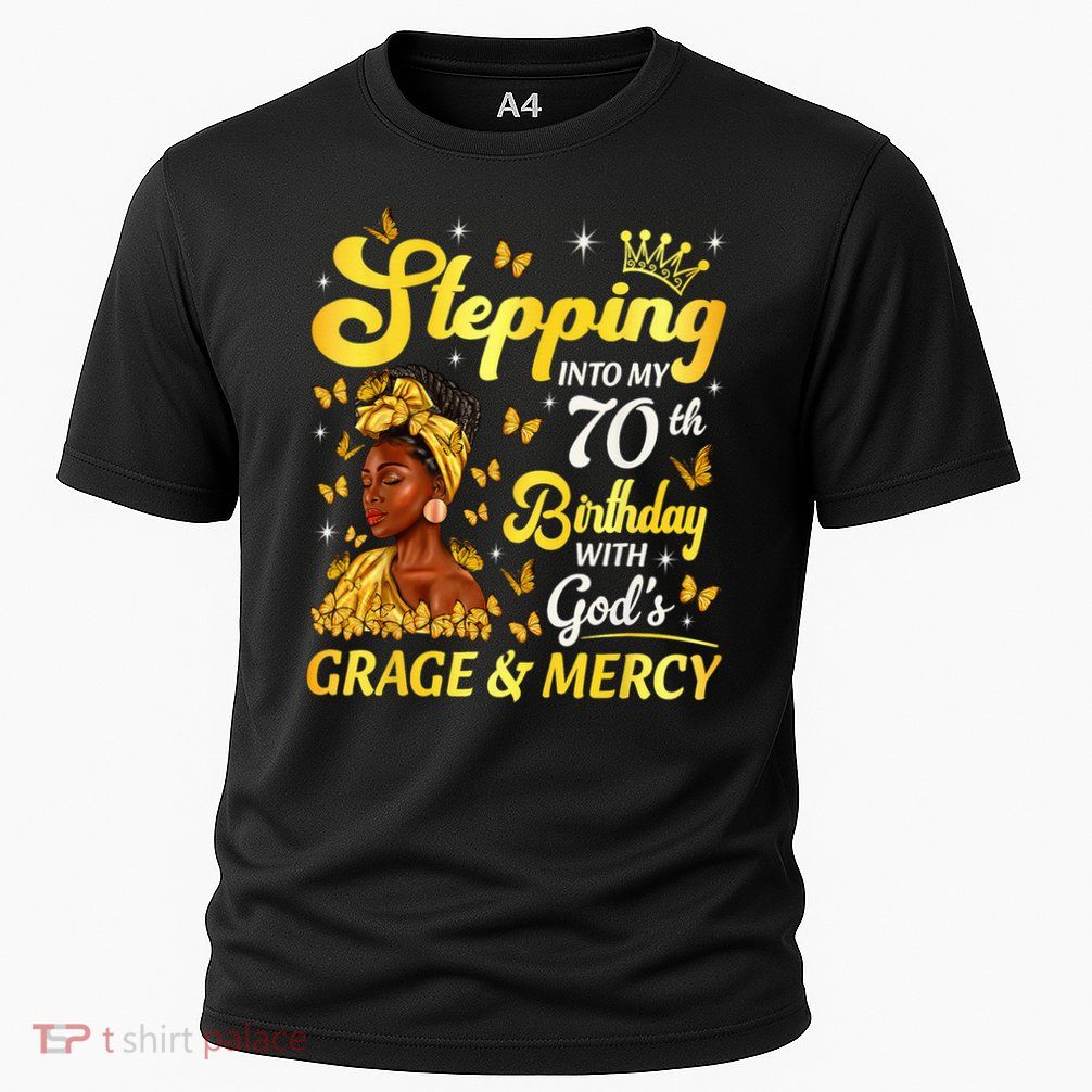 Stepping Into My 70th Birthday Afro Woman Religious Birthday Cooling Performance Crew T-Shirt