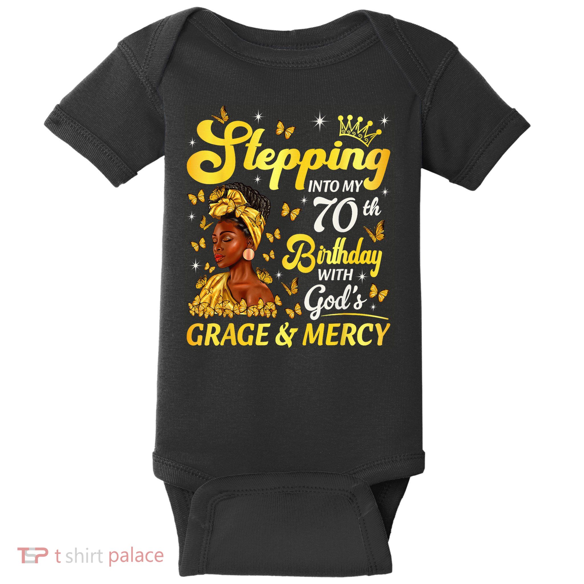 Stepping Into My 70th Birthday Afro Woman Religious Birthday Baby Bodysuit