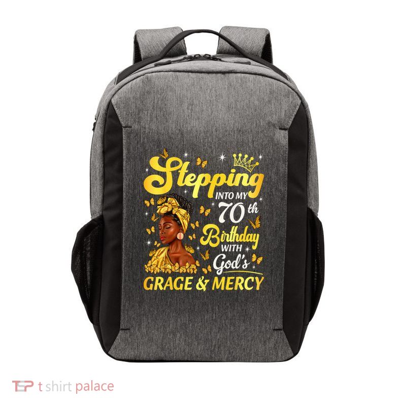 Stepping Into My 70th Birthday Afro Woman Religious Birthday Vector Backpack