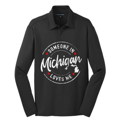 Someone In Michigan Loves Me Distressed Vintage Design Silk Touch Performance Long Sleeve Polo