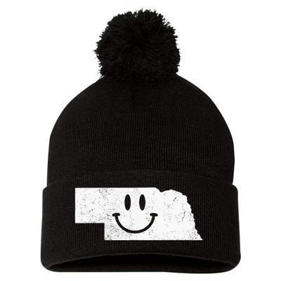 Smiling In NE – Funny Nebraska Happy Face Pom Pom 12in Knit Beanie