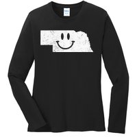 Smiling In NE – Funny Nebraska Happy Face Ladies Long Sleeve Shirt