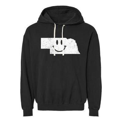 Smiling In NE – Funny Nebraska Happy Face Garment-Dyed Fleece Hoodie