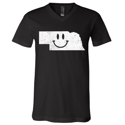 Smiling In NE – Funny Nebraska Happy Face V-Neck T-Shirt