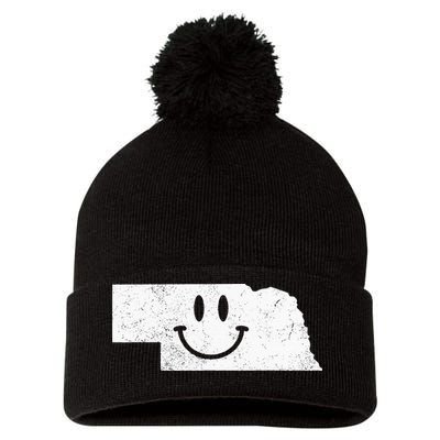 Smiling In NE – Funny Nebraska Happy Face Pom Pom 12in Knit Beanie