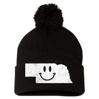 Smiling In NE – Funny Nebraska Happy Face Pom Pom 12in Knit Beanie